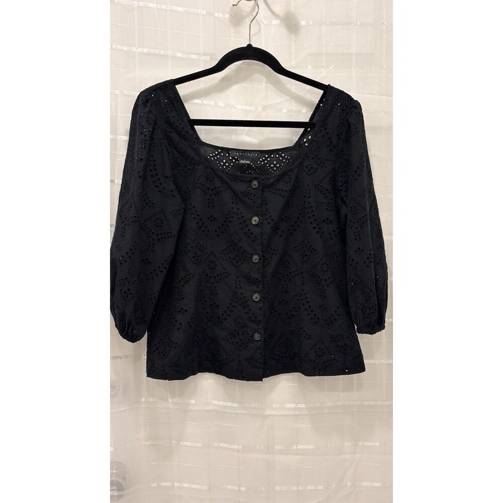 Sanctuary Eyelet Blouse Black Size Small Puff Sleeve‎ Button Front Cotton Boho